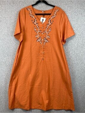 Minibee Lagenlook Midi Dress Size L Cotton Linen Loose Fit Embroidered Casual